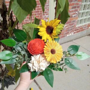 Sola Grove Flowers next to a natural sunflower.